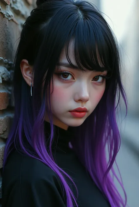 A black-haired girl with purple and blond highlights 
