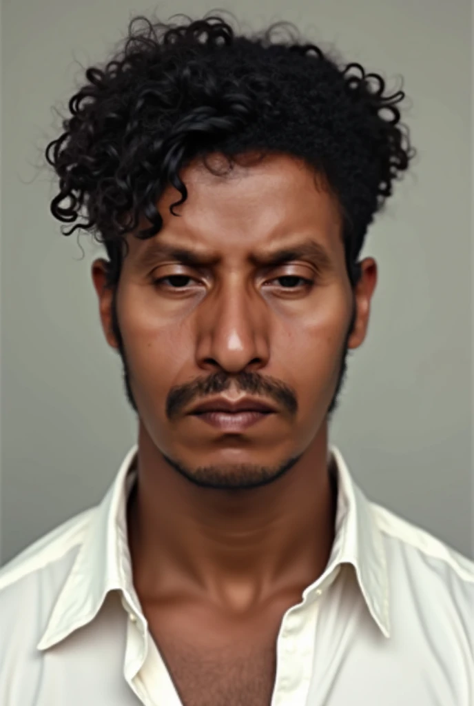 The man in the image has the following characteristics: 

1. **Face: Oval, with a serious and calm countenance. A thin, well-defined mustache is visible.
2. **Hair**: Curly, medium length, dark and abundant. Appears to have a natural, voluminous style.
3. ...