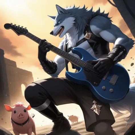 three brutal rock piglets in rocker clothes and with guitars, in the background three houses and a big wolf, action anime style
