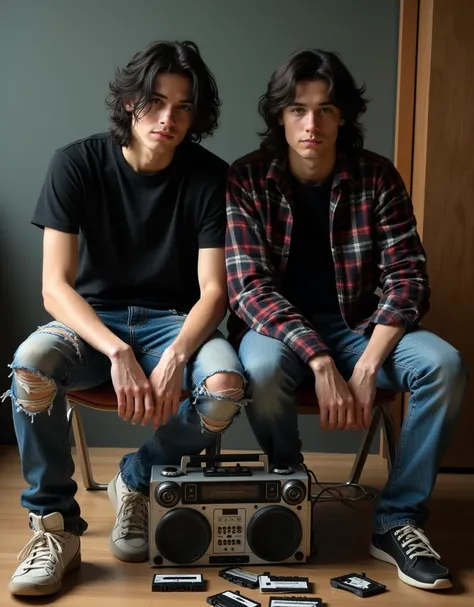 Two young men of 20 years old, thin build, long hair, white race, black hair, black eyes, medium height, dressed in black t-shirts, wearing a long-sleeved 90s plaid shirt, torn blue jeans and dirty sneakers, they are sitting on a chair and on a table there...