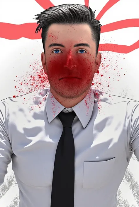 handsome young man with broad shoulders and fair skin. neat black hair. blue eyes. muscular body. light stubble. dark blue shirt and tie. red liquid spattered on half of his face and shirt in droplets