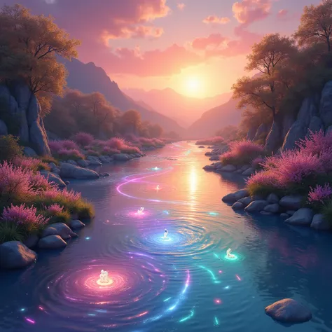 A river flowing with glowing, rainbow-colored water under a pink and gold sky. The banks are lined with sparkling flowers and glowing stones, while dreamlike creatures drink from the river, casting magical ripples.