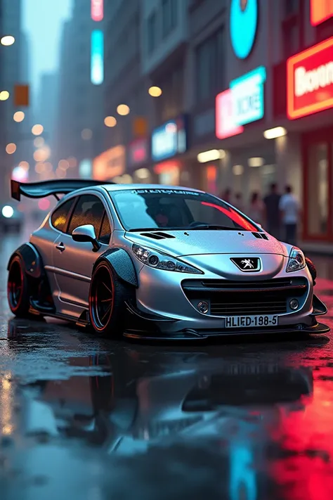  Peugeot 207 1.4, year 2010, silver color, Brazilian five-door version, heavily modified for a sporty and aggressive look. The modifications include a wide body kit with flared fenders, lowered suspension, large black alloy wheels with low-profile tires, a...