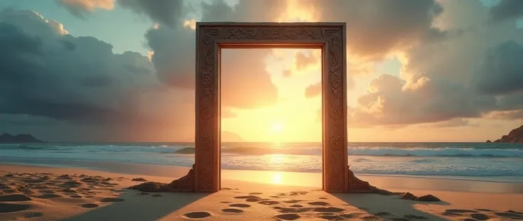 very thin wooden frame , without door , frame on the border of the image , on the beach sand, imagem da Beach inside the portal , with blue sky ,  rectangular portal with Mayan symbols carved on the wood,  low relief carving , Beach inside the portal ,  de...