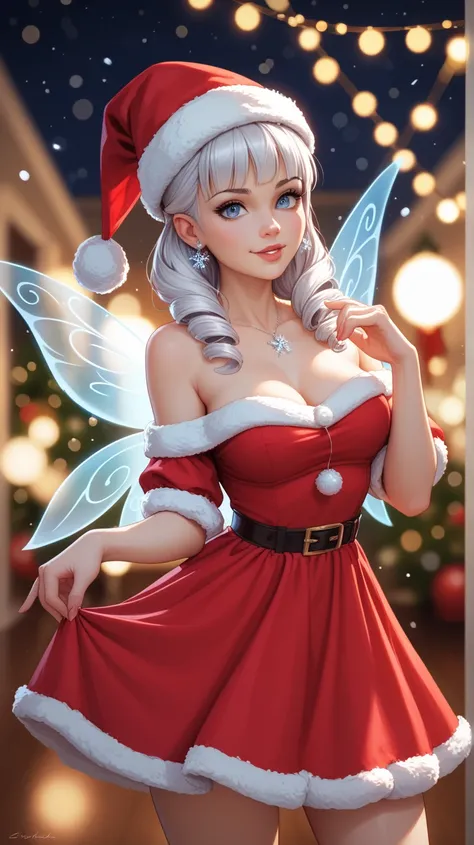 Santy girl, red dress, Christmas hat, holding glowing fairy lights wrapped around her hands. Her off-shoulder velvet dress accentuates her figure, and she gazes playfully at the camera. The background is filled with blurred holiday lights, creating a dream...