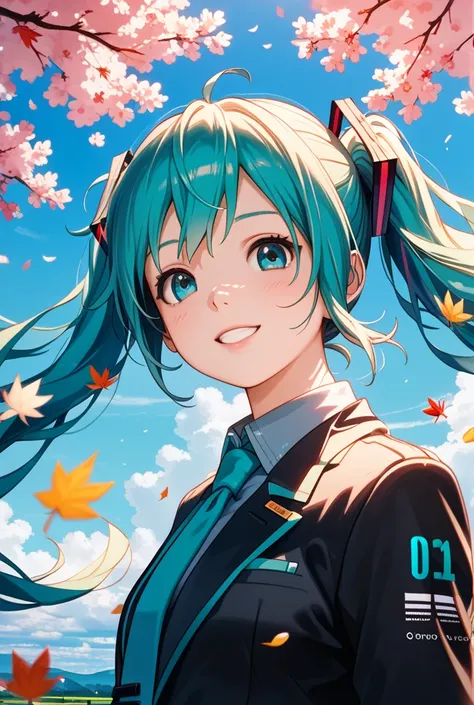 Hatsune Miku, 1 girl,  Cute anime girl  , hair running in the wind , Hatsune Miku, sakura , beautiful background ,  kierpunk colors  ,  pop colors  , bright colors  ,  lots of detailsLooking at the viewer,  High definition,  masterpiece fails, Accuracy,  R...