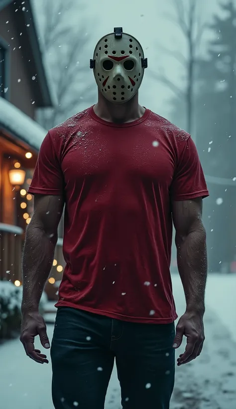 Jason Voorhees, the famous character from "Friday the 13th," could be depicted in this scene wearing a red T-shirt. He is wearing the iconic mask that characterizes him, maintaining his intense and menacing gaze. The setting is wrapped in a winter environm...