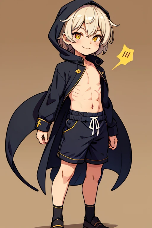 Small shota boy, cute face, hair covering the eyes, detailed body, normal clothes, yellow eyes, smile, art of speech, best quality, high decency. 