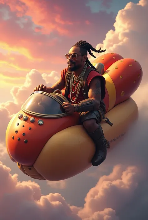 Dwarf on top of Snoop Dogg flying a hot dog