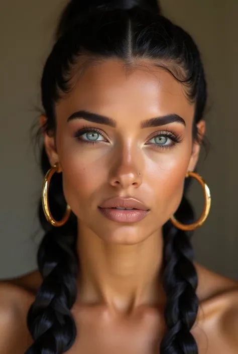 A model photo of a sexy 20 year old liberian greek woman with golden skin color with thick black threaded eyebrows with long black ponytail braids with boujee baby hairs around her hairline with almond shaped blue eyes. Extremely beautiful naturally. Super...