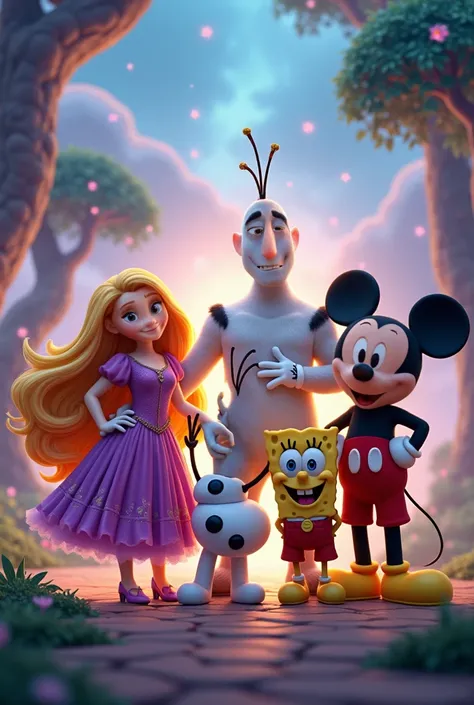 Mirabrl Madrigal, Rapunzel, Axel the tiger, Olaf snowman, Spongebob amd Mickey Mouse are best buddies