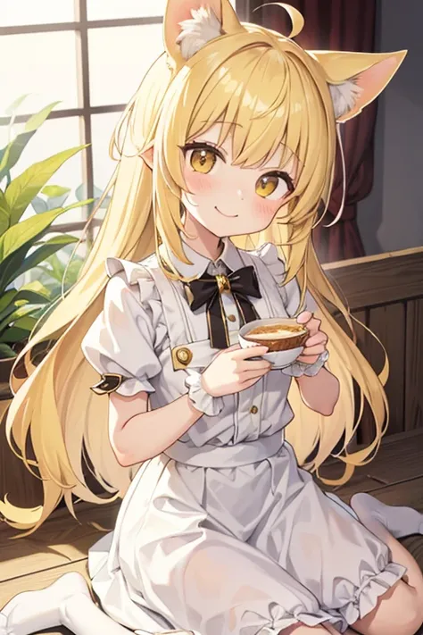 cute girl, light yellow hair, long hair, fennec ears, smile, frilled shirt, アイスを食べている