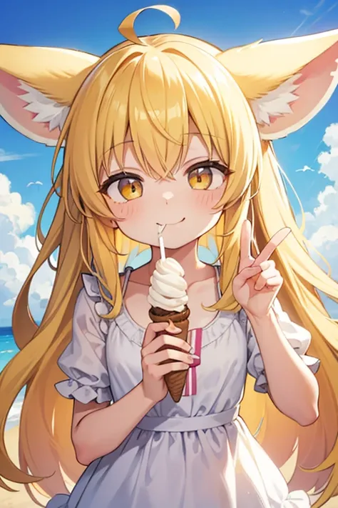 eating ice cream, cute girl, light yellow hair, long hair, fennec ears, smile, frilled shirt