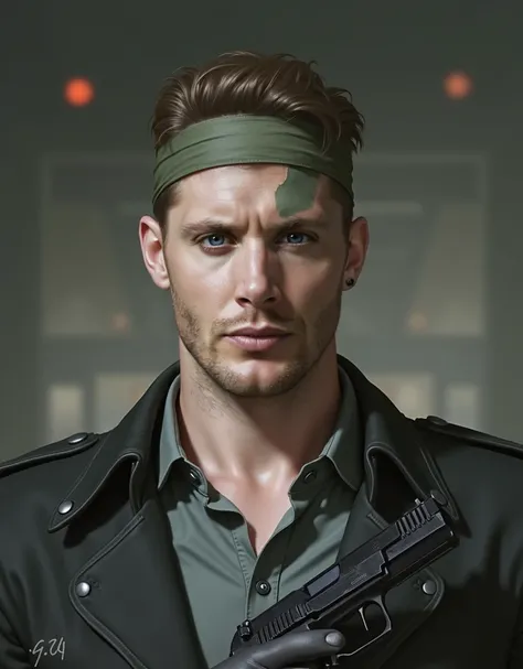 Jensen Ackles wearing the snake costume in the game Metal Gear wielding a pistol with a silencer and green military camouflage on his face