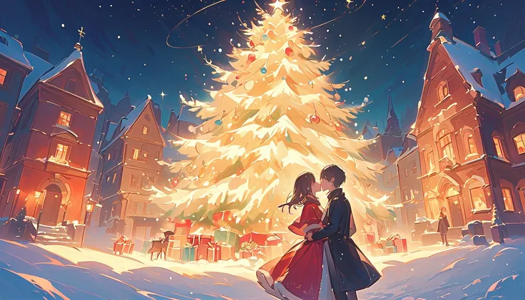 A beautiful and heartwarming Christmas album cover. The scene features a snowy town square under a starry night sky, illuminated by golden streetlights and festive decorations. A couple stands in the foreground holding hands, surrounded by softly falling s...