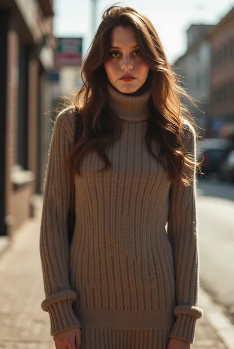 (masterpiece), ((Beautiful Face:1.2)),((realistic:1.2)),Best Quality,masterpiece, best quality, high quality, girl, solo, looking at viewer, large breasts, sweater dress, long sleeves, turtleneck, outdoors, street, standing, cowboy shot, day