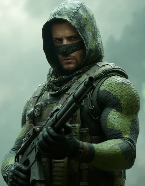 Jensen Ackles wearing the snake costume in the game Metal Gear wielding a pistol with a silencer and green military camouflage on his face, Neutral scenario