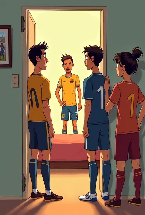 Generate a visual scene description for an illustration where Cristiano Ronaldo and Lionel Messi appear startled in a room. Behind them is a bed, and Neymar is emerging at the door. The room should have simple decor that gives a sense of depth and space, f...