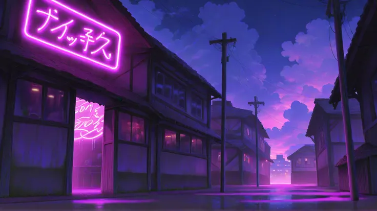 A serene, cyberpunk-inspired townscape at sunset during a gentle rain. The scene features a cozy, rustic building with glowing neon signs reading "Old Town," casting warm pink and purple hues onto the wet ground. Surrounding the building are old-fashioned,...