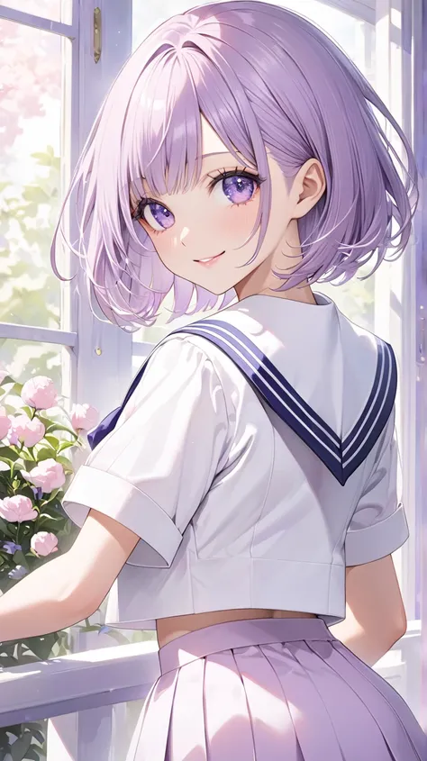   bob hair、Light purple hair color、 beautiful, perfect face, beautiful eyes,Attractive purple eyes,smile, elegant , standing,  sailor suit、 bob hair,Front,The background is pale salmon pink、 sailor suit、student、 back view、