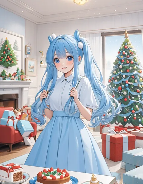  Light Blue Long Hair 、 little character with twin tails、Bright living room、Im holding a Christmas card with a smile、 Christmas Tree、 Christmas Cake、