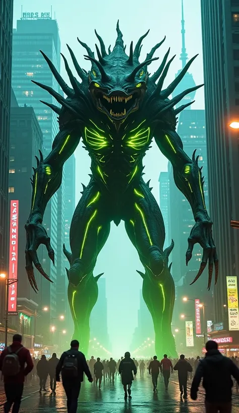 A massive alien creature representing Canada, with a dark, spiked, and organic body glowing with vibrant green and yellow veins, resembling bioluminescent energy. The aliens face has intense glowing green eyes radiating with an eerie light, while its sharp...