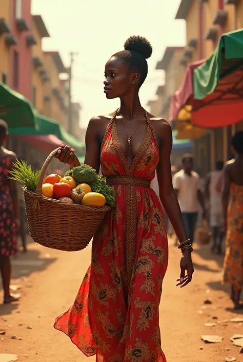 Beautiful African lady walking in African city near the local bridge  she carry her basket full of vegetables and fruits 
 Make it reality 