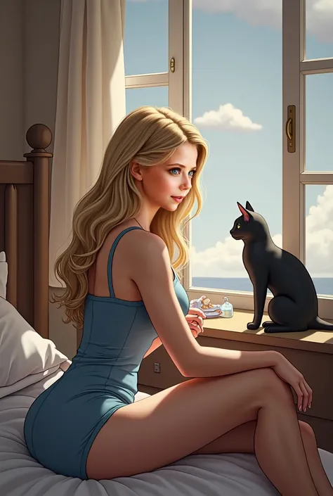 Buffy Summers stands by the closet with clothes and dresses in a red short dress, straightens her stockings, a wonderful image of Buffy Summers with pigtails, an ideal sweet and kind face, a cozy homely atmosphere, a cat nearby, realism, high quality, high...