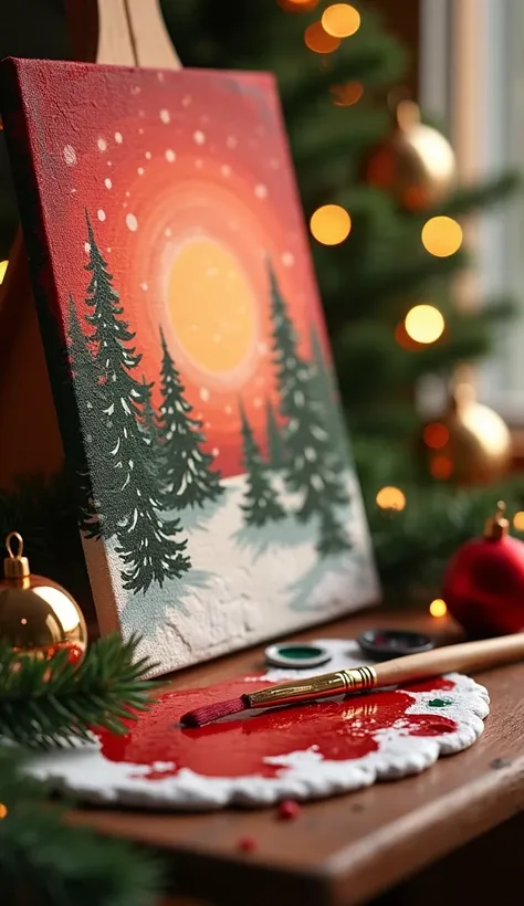  Realistic cinematic frame of a partially painted canvas with a Christmas landscape , using red tones , greens and golds.  A brush with fresh paint rests on a palette next to small Christmas ornaments such as a golden sphere and a pine branch.  in the back...