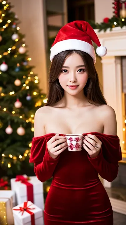 Santy girl, red dress, Christmas hat, holding glowing fairy lights wrapped around her hands. Her off-shoulder velvet dress accentuates her figure, and she gazes playfully at the camera. The background is filled with blurred holiday lights, creating a dream...