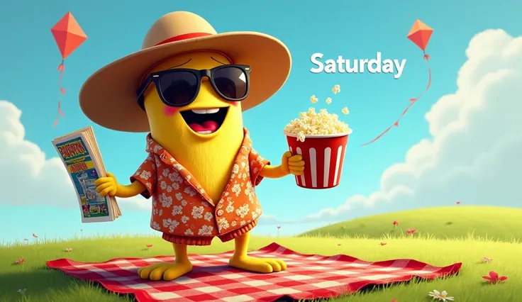 "Saturday, a goofy character, wears an oversized floppy hat, sunglasses, and a Hawaiian shirt. It’s holding a popcorn bucket in one hand and a comic book in the other. The background shows a picnic blanket on a grassy hill, with s flying kites and ‘Saturda...