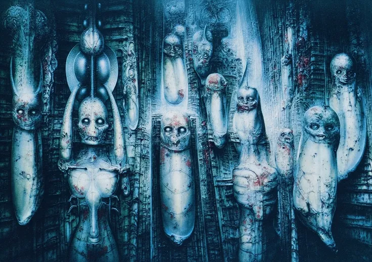 Create biomechanical tableau in h r gigers style. It is called /“ biomechanical landscape no 312 /”  by H. R. Giger  Can you please draw a pencil sketch on antique plot that depicts curse of Solomea in unmaskable Gigers style.The artwork depicts a labyrint...