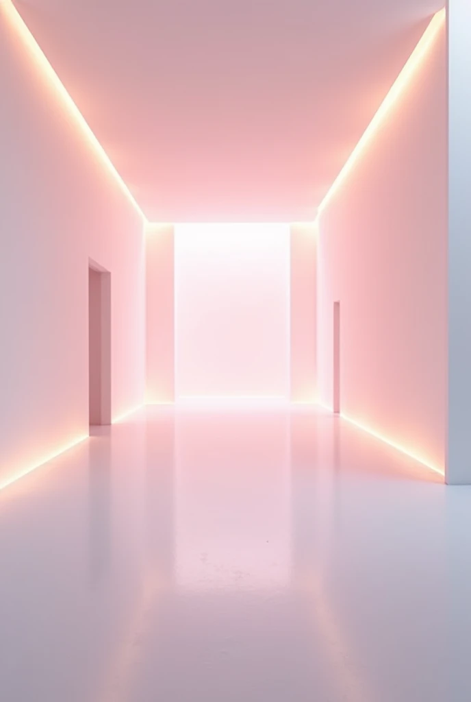 A large white room with pink and white lights