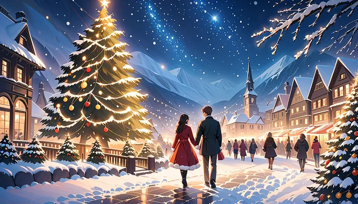 A beautiful and heartwarming Christmas album cover. The scene features a snowy town square under a starry night sky, illuminated by golden streetlights and festive decorations. A couple stands in the foreground holding hands, surrounded by softly falling s...