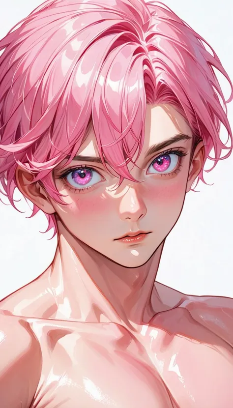  1 man,ผู้ชายPink hair,   high quality  ,  American, 30 years old /That guy ,   fine eyes  ,  Pink Eyes ,Pretty cool ,Short hair, pink bangs, abdomen,  naked,  Shiny skin ,  clear tits  ,  Look at the audience,   upper half ,  Pink hair, white background 