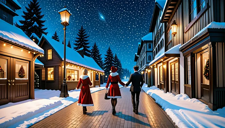 A beautiful and heartwarming Christmas album cover. The scene features a snowy town square under a starry night sky, illuminated by golden streetlights and festive decorations. A couple stands in the foreground holding hands, surrounded by softly falling s...