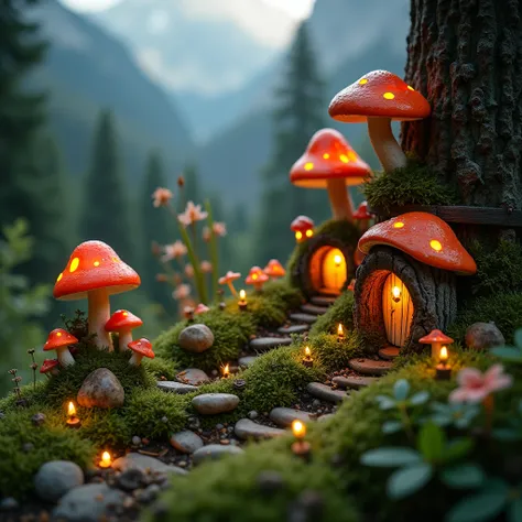 A hidden fairy garden nestled in the European Alps, with glowing flowers and sparkling dew on the grass. Tiny fairy houses carved into mushrooms and tree stumps emit soft golden light, adding a touch of enchantment.