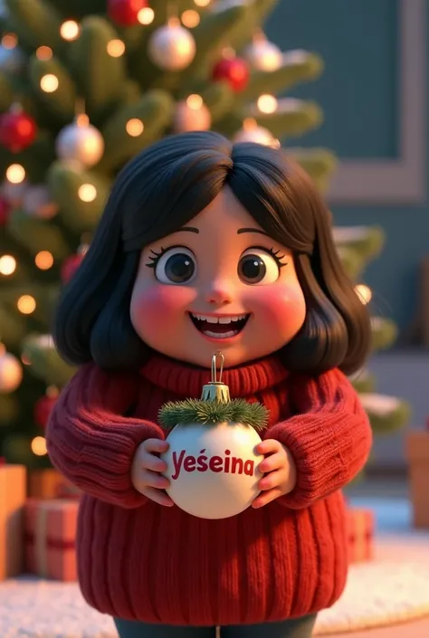 Animated Christmas image of a chubby black-haired woman carrying a Christmas sphere that says Yesenia with a Christmas tree in the background