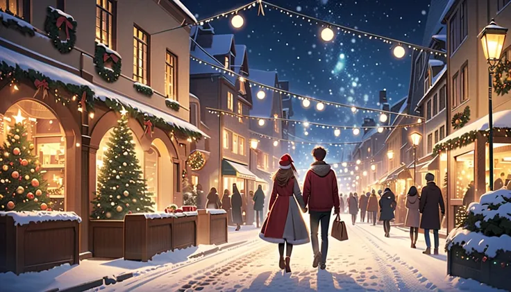 A beautiful and heartwarming Christmas album cover. The scene features a snowy town square under a starry night sky, illuminated by golden streetlights and festive decorations. A couple stands in the foreground holding hands, surrounded by softly falling s...