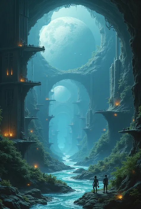 design ancient handmade futuristic techno civilization living inside the hollow moon, surrounded by rivers, seas, waves and mangrove forests with rich and peculiar bioluminescent biodiversity.