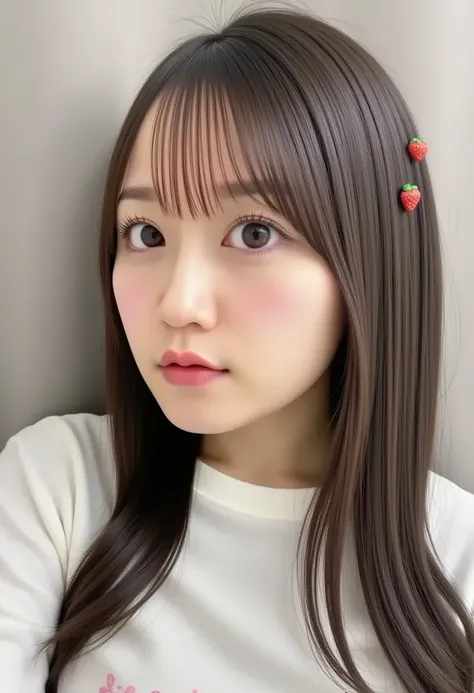  One girl , Alone,  viewers, bangs, Brown Hair,  shirt,  hair accessories,  Long Sleeve ,  twin tails,  brown eyes,  upper body, lips,  realistic , food-themed  hair accessories, strawberry  hair accessories