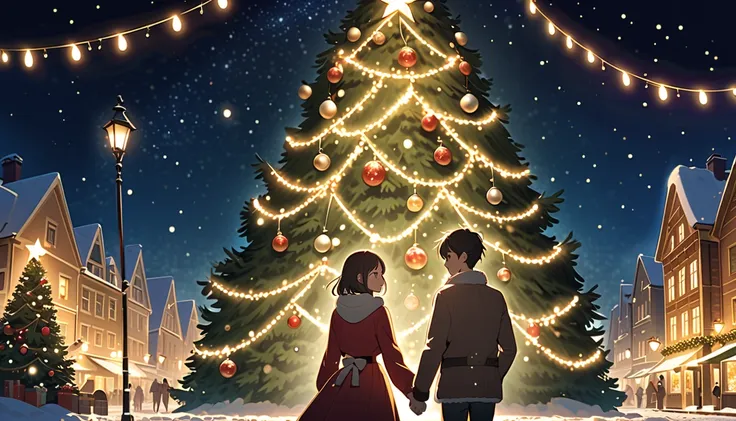 A beautiful and heartwarming Christmas album cover. The scene features a snowy town square under a starry night sky, illuminated by golden streetlights and festive decorations. A couple stands in the foreground holding hands, surrounded by softly falling s...