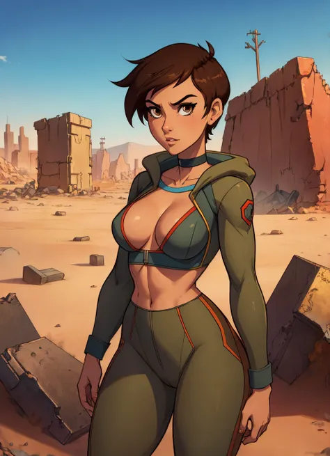 Helen Parr. choker. small waist. small saggy breasts. Sexy hips. brown hair. brown eyes. fallout suit. desert. ruins. Standing cowboy shot 