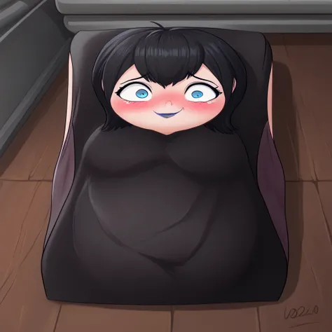 score_8_up, BREAK, MAVISDRACULA, 1girl, solo, black hair, short hair, blue eyes, lipstick, black dress, smile, depth of field, upper body,    closed mouth, obese,  shocked, blush
, on back, paper thin,flattened girl, flattened, on floor, lying on floor, ro...