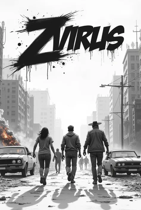  Movie cover titled  "Z Virus ". Big Title.  Three surviving humans fleeing in a ruined city from several zombies in a zombie apocalypse.  There is a big explosion in the background and a car burning on one side . Black and white pencil sketch style