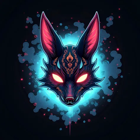 Traditional kitsune mask, neon colors, logo, mystical