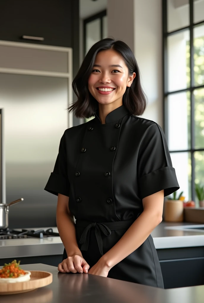 I want a beautiful smiling girl wearing black cooking clothes standing in a modern kitchen age 30