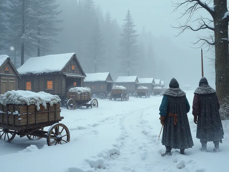 Snow,  snowstorm camp . wagons are standing on the edges .  About 10 wooden carts loaded with cloth, closed commoner carriages with windows, medieval armed guards nearby . 