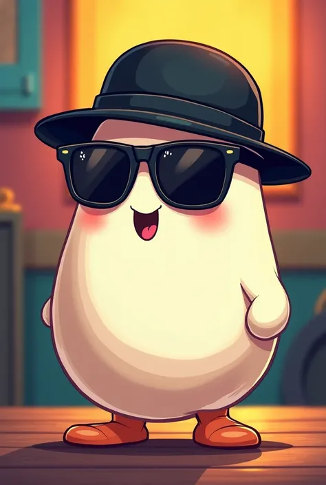  cartoon of an oval-shaped white egg ,  with black sunglasses and a black reggaeton cap 