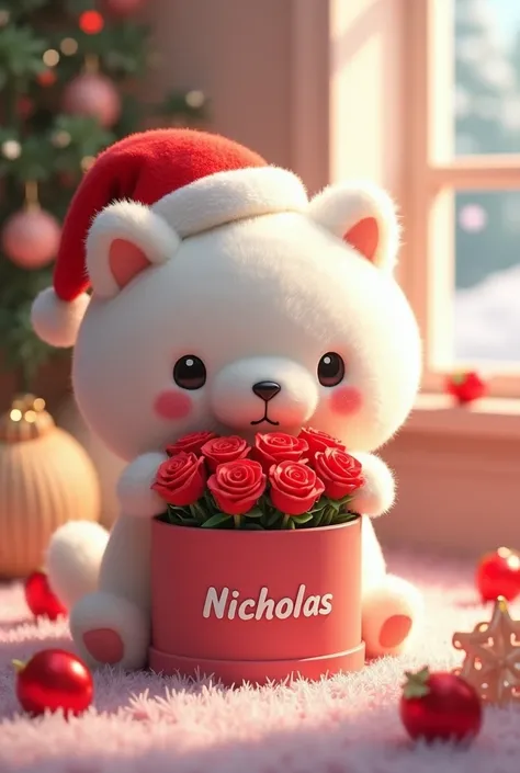 A Pochacco with a Christmas hat and with a box of roses with the name on it "Nicholas"